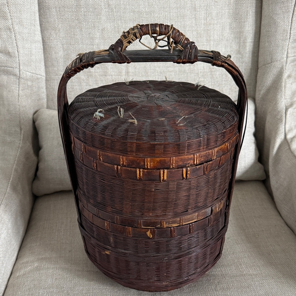 Dark Brown Woven Lidded Storage Basket with Handle